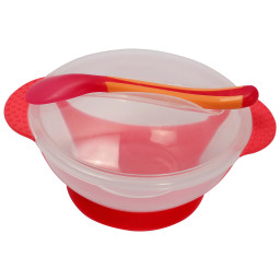 Тарелка на присоске прозрачная Mega Zayka MGZ-0100(Red) с термоложкой и крышкой