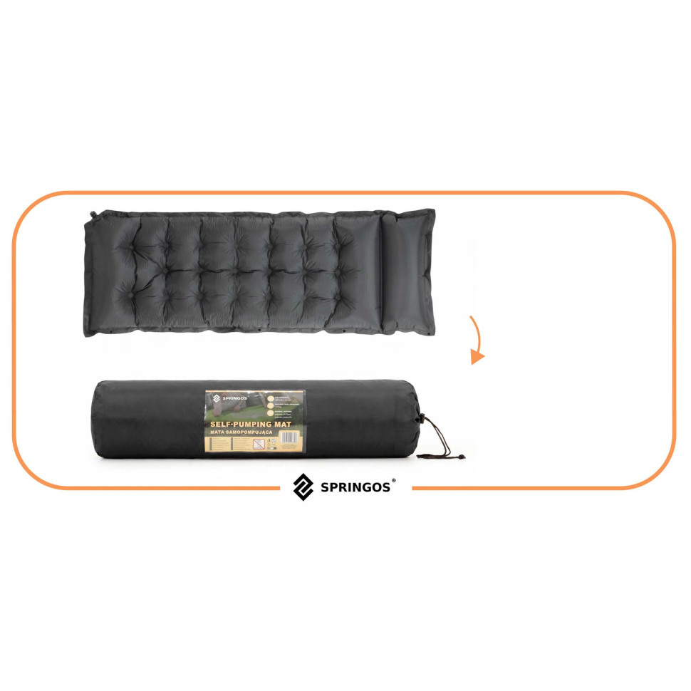 Коврик самонадувающийся с подушкой Springos PM053 Grey, до 110 кг 193x66x3,5 см