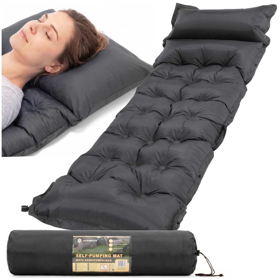 Коврик самонадувающийся с подушкой Springos PM053 Grey, до 110 кг 193x66x3,5 см