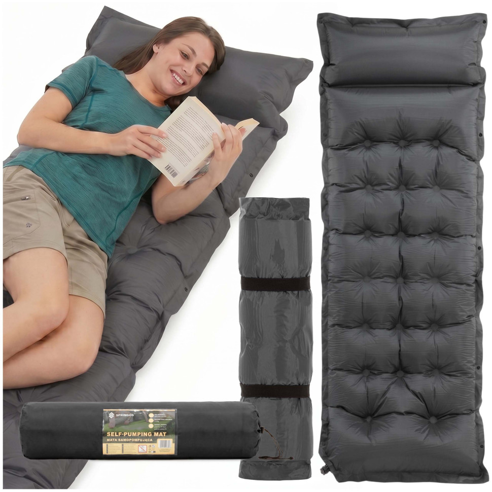 Коврик самонадувающийся с подушкой Springos PM053 Grey, до 110 кг 193x66x3,5 см