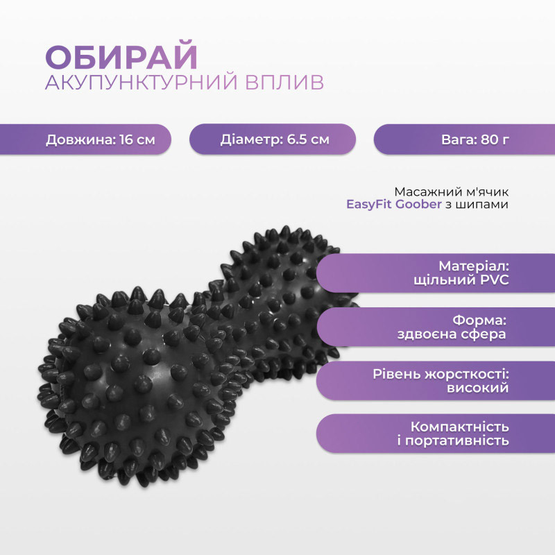 Масажний м'ячик EasyFit EF-1072-BK Goober із шипами чорний 16х6,5 см