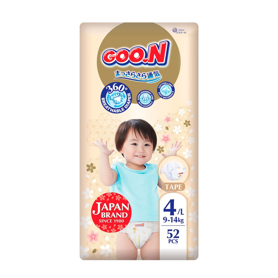 Підгузки для дітей GOO.N Premium Soft F1010101-155, 9-14 кг (розмір 4(L) на липучках, унісекс 52 шт)