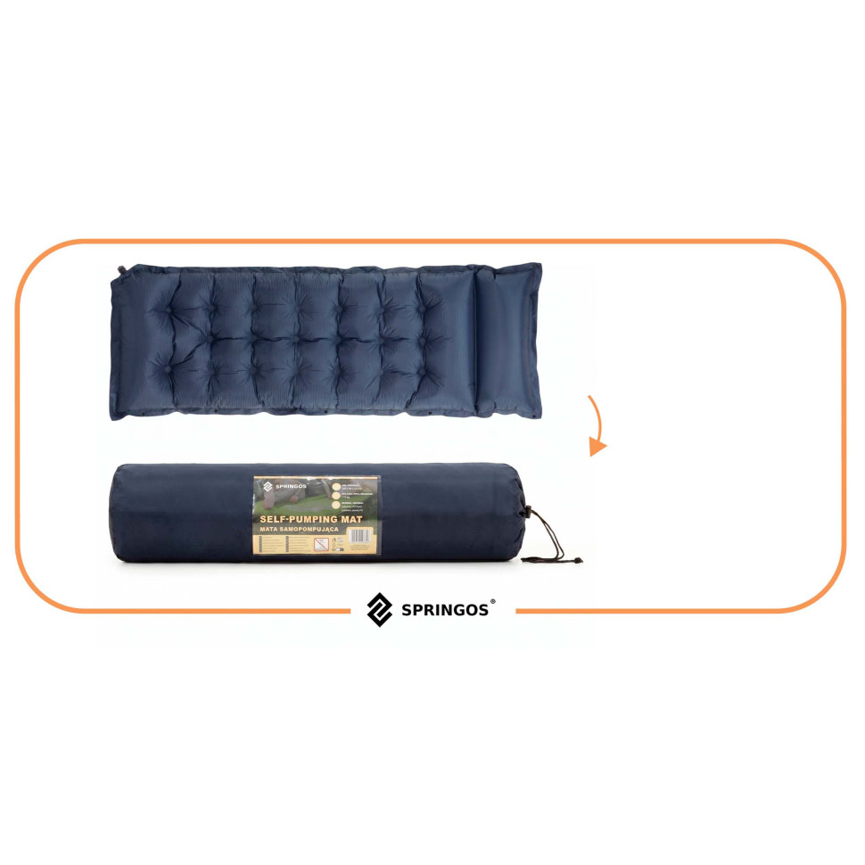 Коврик самонадувающийся с подушкой Springos PM054 Navy Blue, до 110 кг 193x66x3,5 см