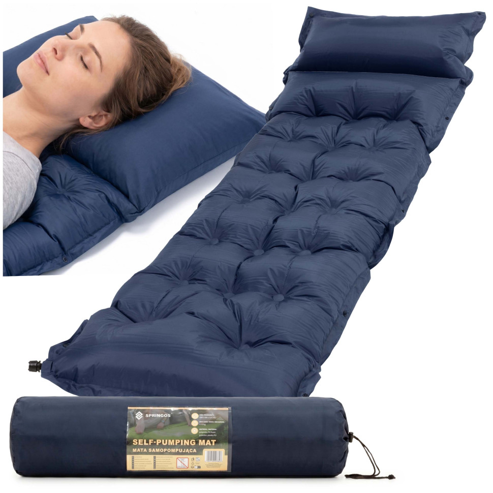 Коврик самонадувающийся с подушкой Springos PM054 Navy Blue, до 110 кг 193x66x3,5 см