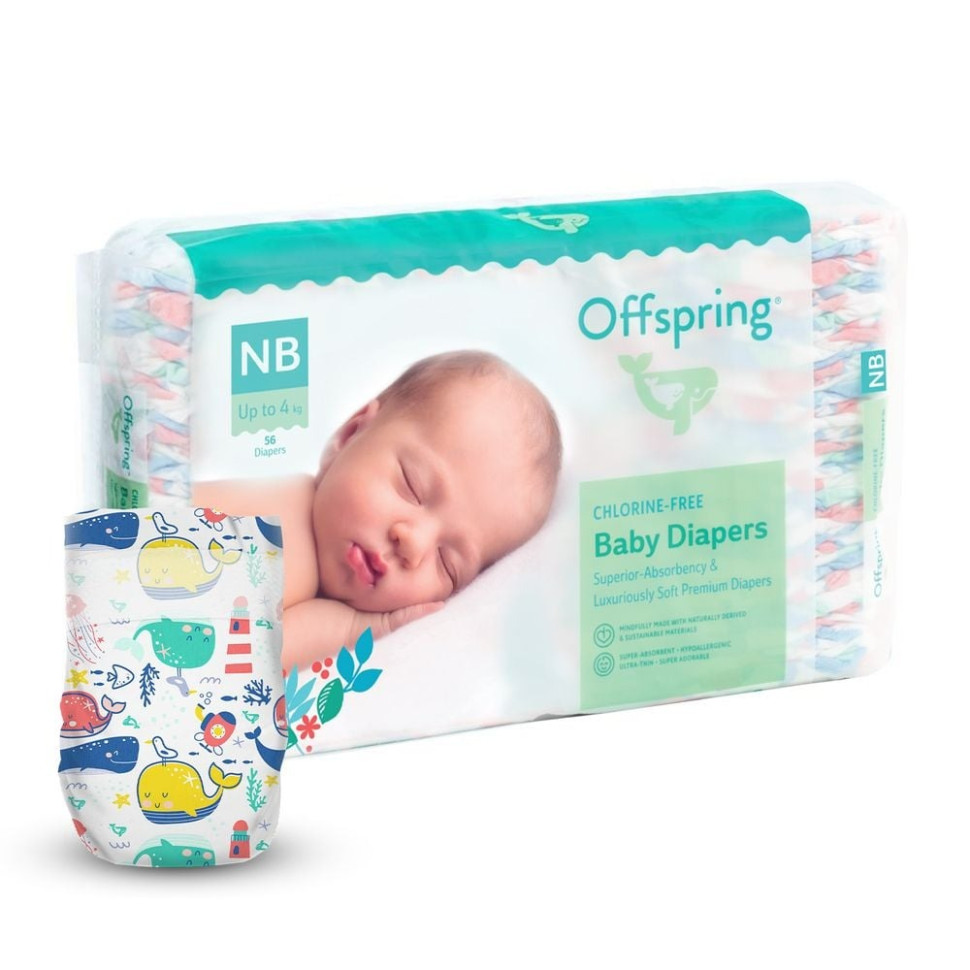 Підгузки для новонароджених до 4 кг Offspring DP-OI-FAT-NB56P-WTW розмір NB 56 штук