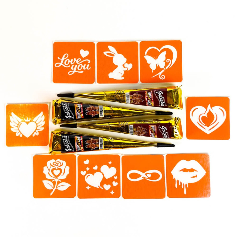 Набір хни з трафаретами для біо-тату №8 Fresh Tattoo henna-set-08, 9 трафаретів