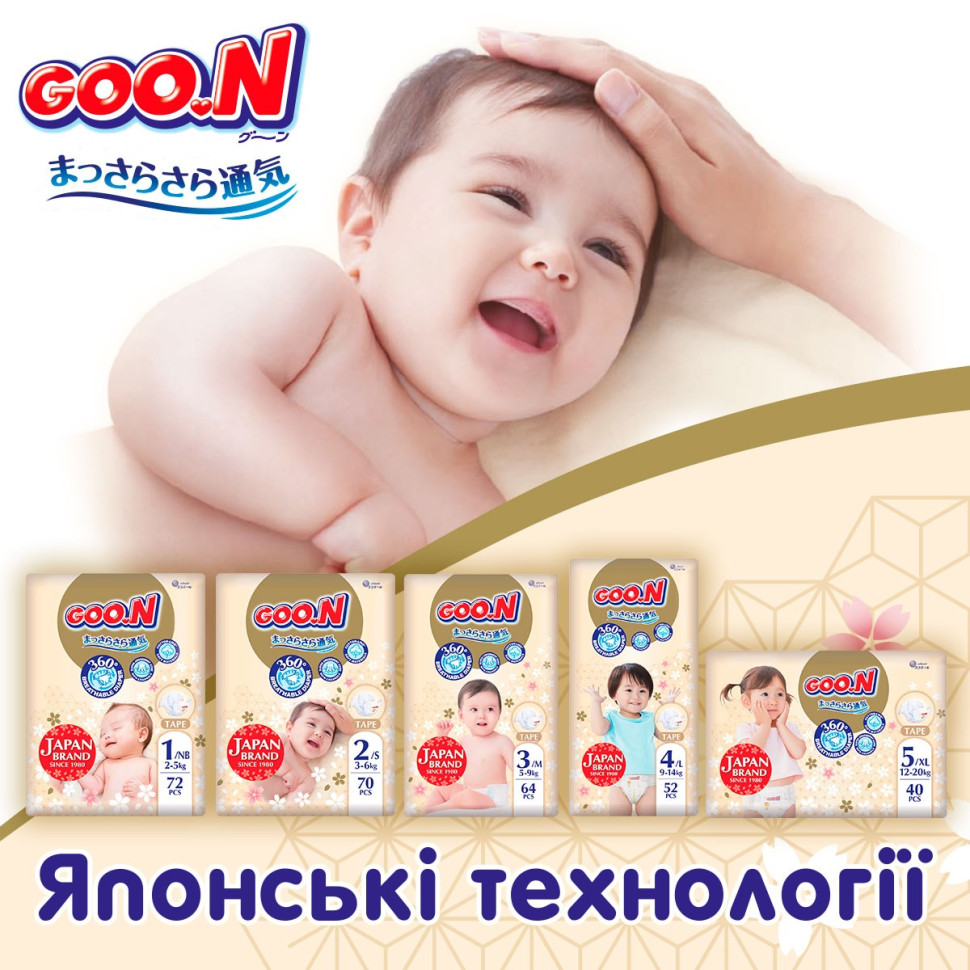 Підгузки для немовлят GOO.N Premium Soft F1010101-152 до 5 кг (1(NB), на липучках, унісекс 72 шт)