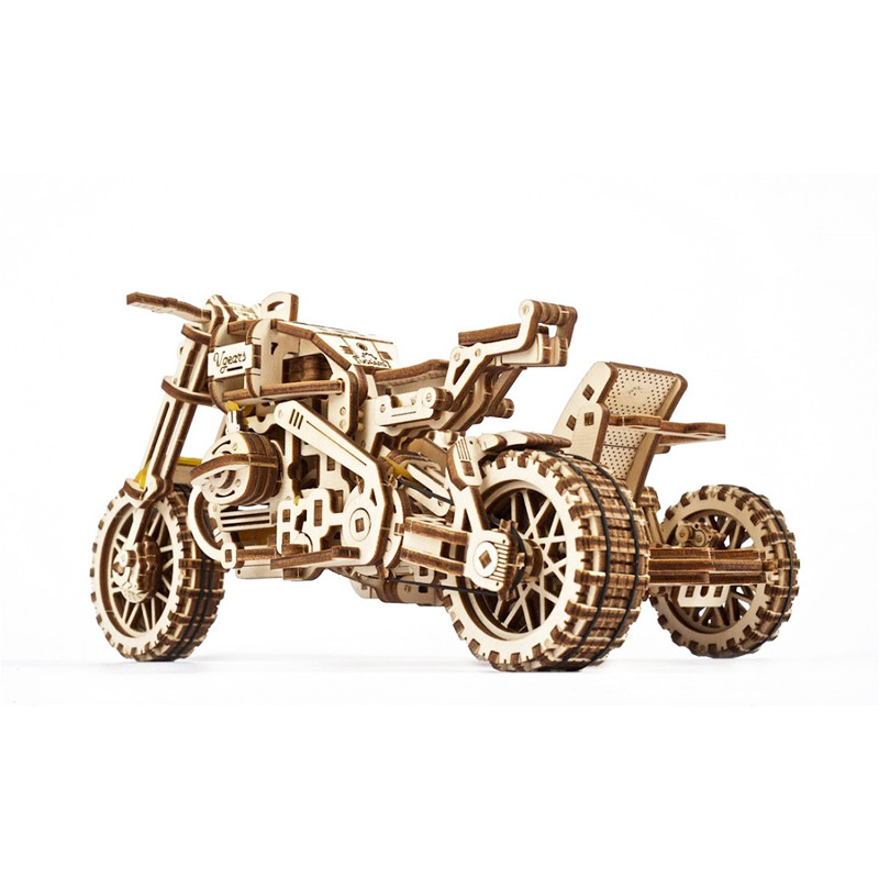 Деревянный механический 3D конструктор Мотоцикл Scramber с коляской Ukrainian Gears 70137, 380 деталей