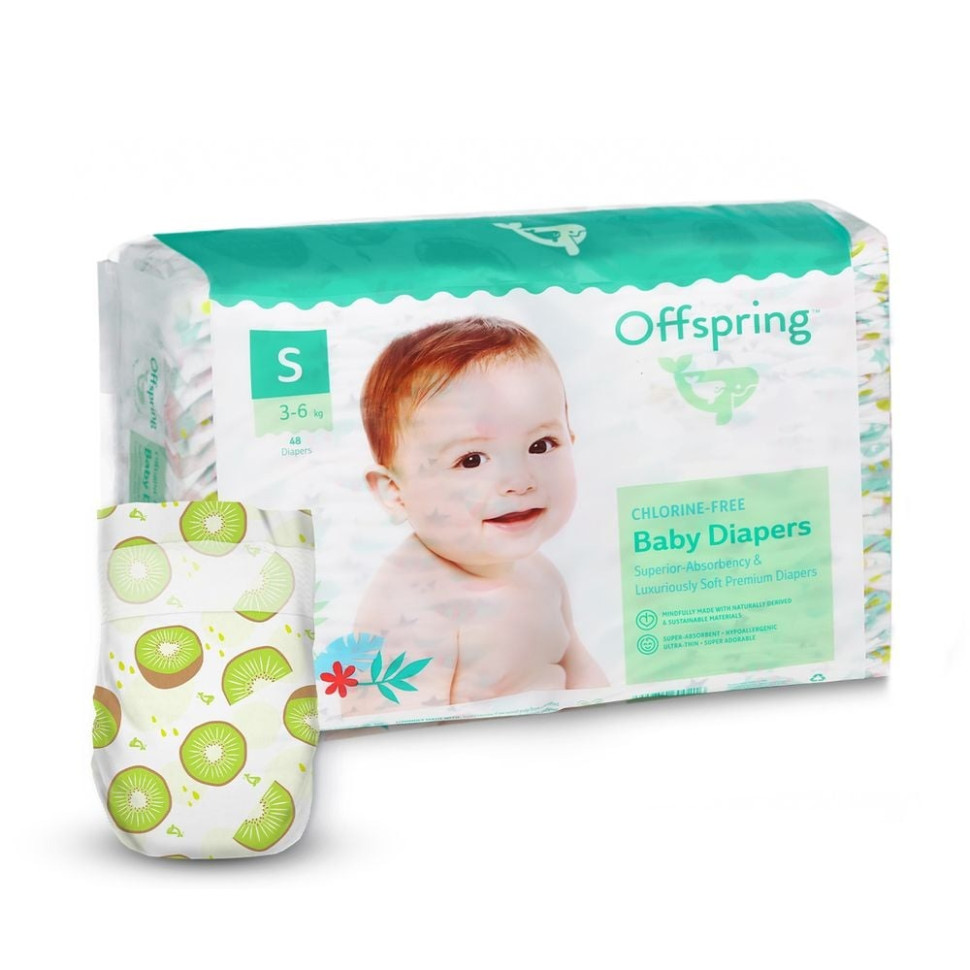 Підгузки для дітей 3-6 кг Offspring DP-OI-FAT-S48P-HKW розмір S 48 штук