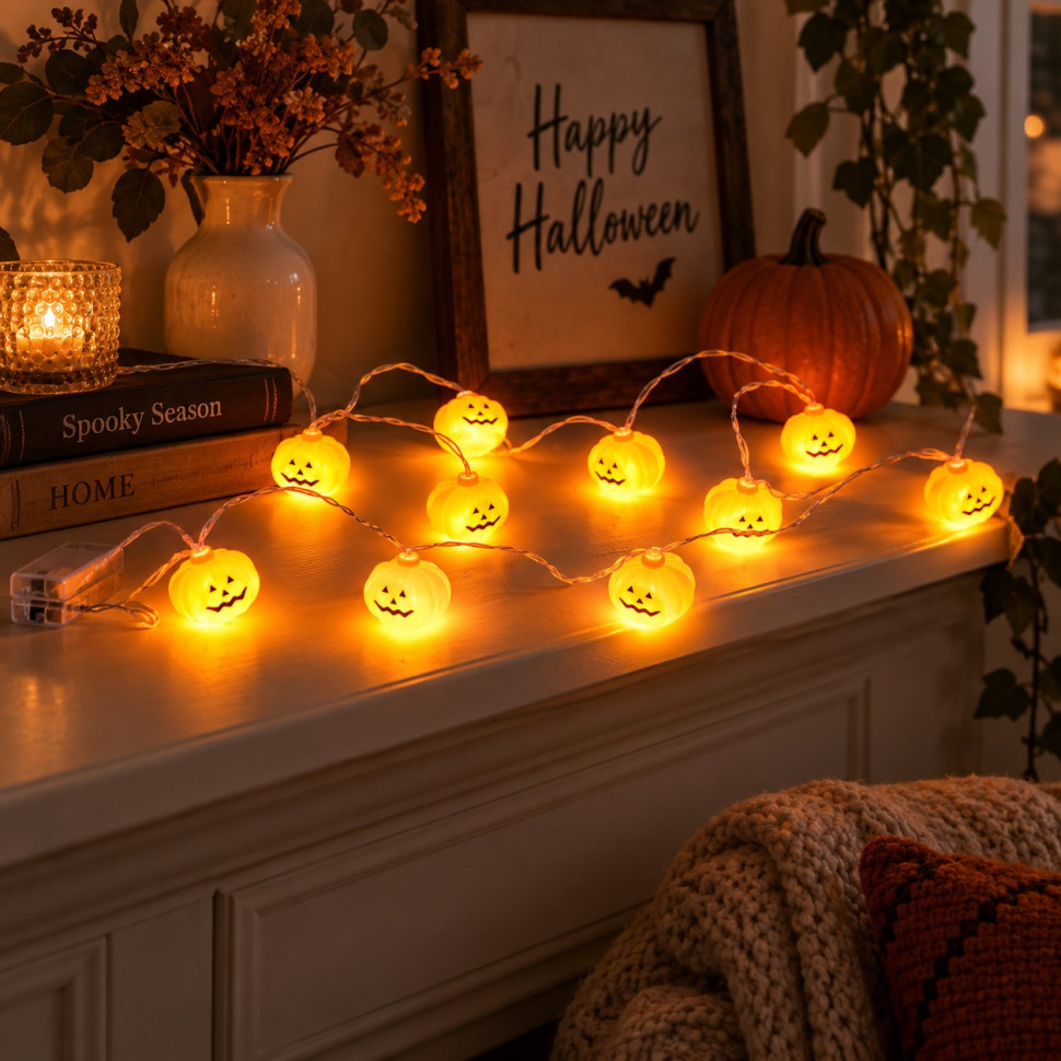Декоративная гирлянда Тыква Halloween Bambi MK 5758 на батарейках, 160 см, тыквы 10 шт (4,5см)