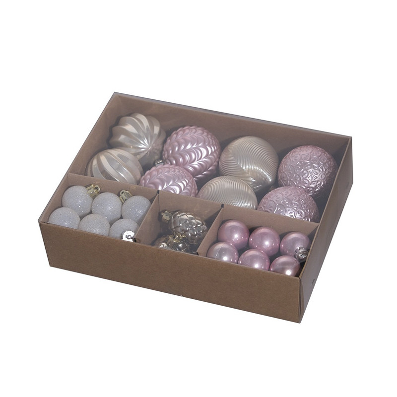 Ялинкові пластикові кульки Chomik 5900779832923 комплект 36 шт, діаметр 3, 4, 6 см, рожеві-шампань