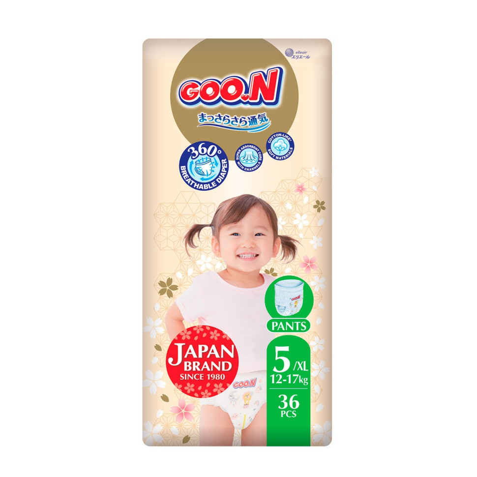 Трусики-підгузки для дітей GOO.N Premium Soft F1010101-158, 12-17 кг (розмір 5(XL), унісекс 36 шт)