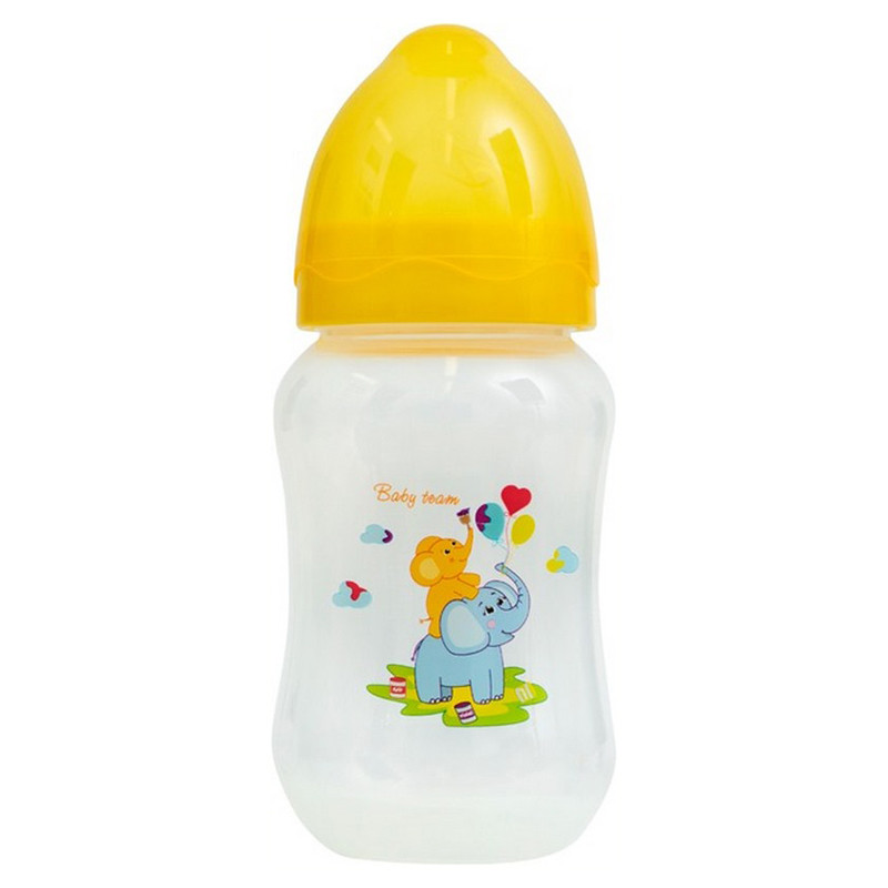 Бутылочка для кормления с широким горлышком и силиконовой соской Baby Team 1002 жовтий 250 мл