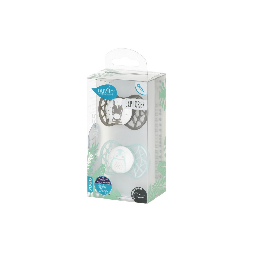 Пустышка Nuvita 7066 Air55 Explorer ортодонтическая 0m+ (зебра, пингвин) 2шт NV7066N