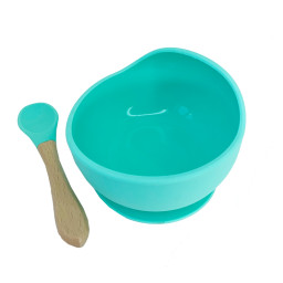 Силиконовая тарелка на присоске с деревянной ложкой Mega Zayka MGZ-0103(Turquoise) 300 мл