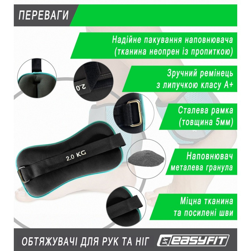 Обтяжувачі для ніг та рук з металом EasyFit EF-1020-BL 2 кг, пара