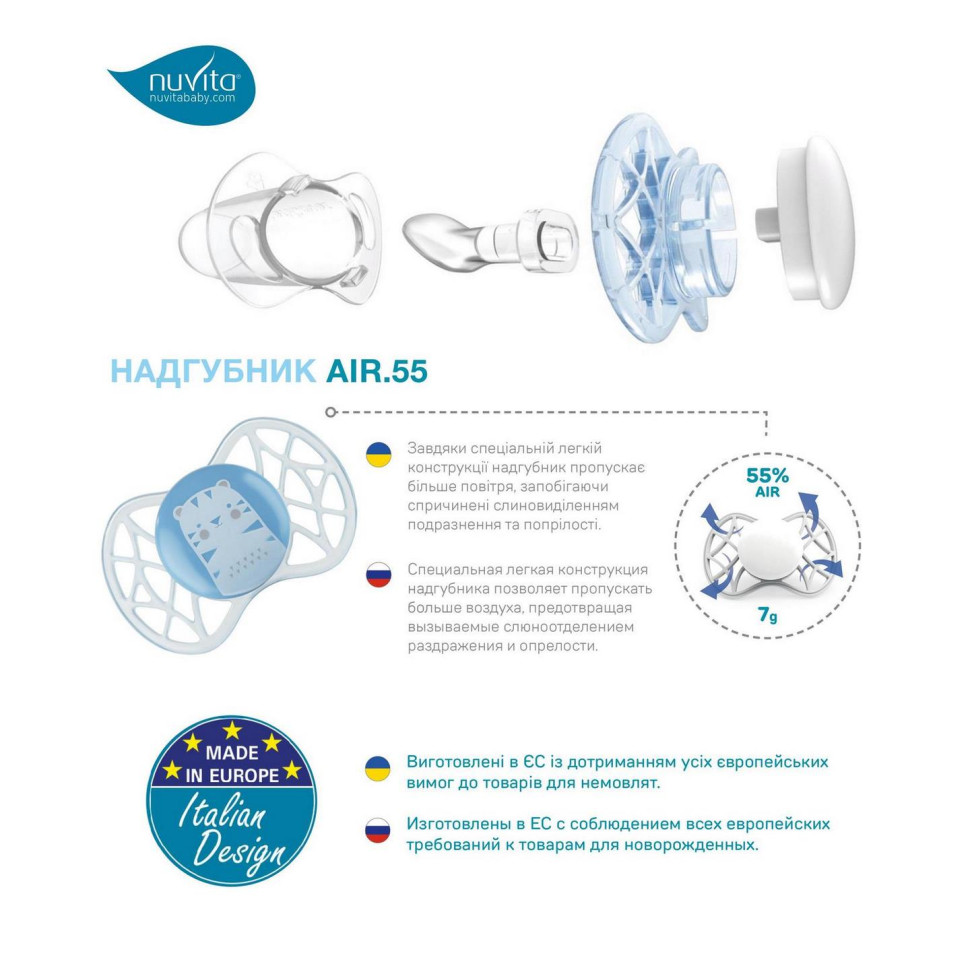 Пустушка Nuvita 7067 Air55 Explorer симетрична 0m+ (тигр, слон) 2шт NV7067M