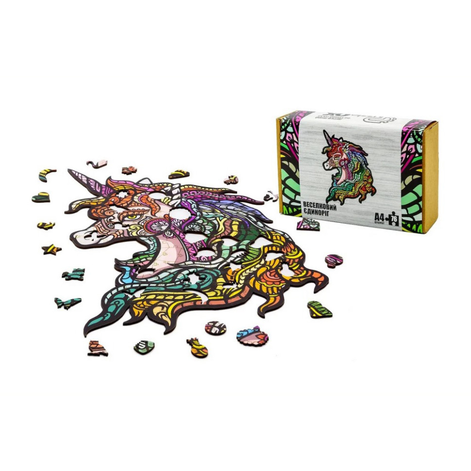 Фігурний деревяний пазл A4 Веселковий Єдиноріг PuzzleOK PuzA4-00701, 76 деталей