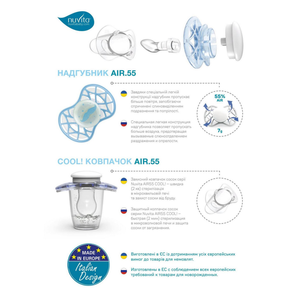 Пустышка Nuvita 7084 Air55 Cool ортодонтическая 6m+ 