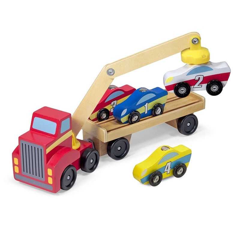 Магнитный деревянный автопогрузчик Melissa&Doug MD19390, 4 деревянных автомобиля и грузовик