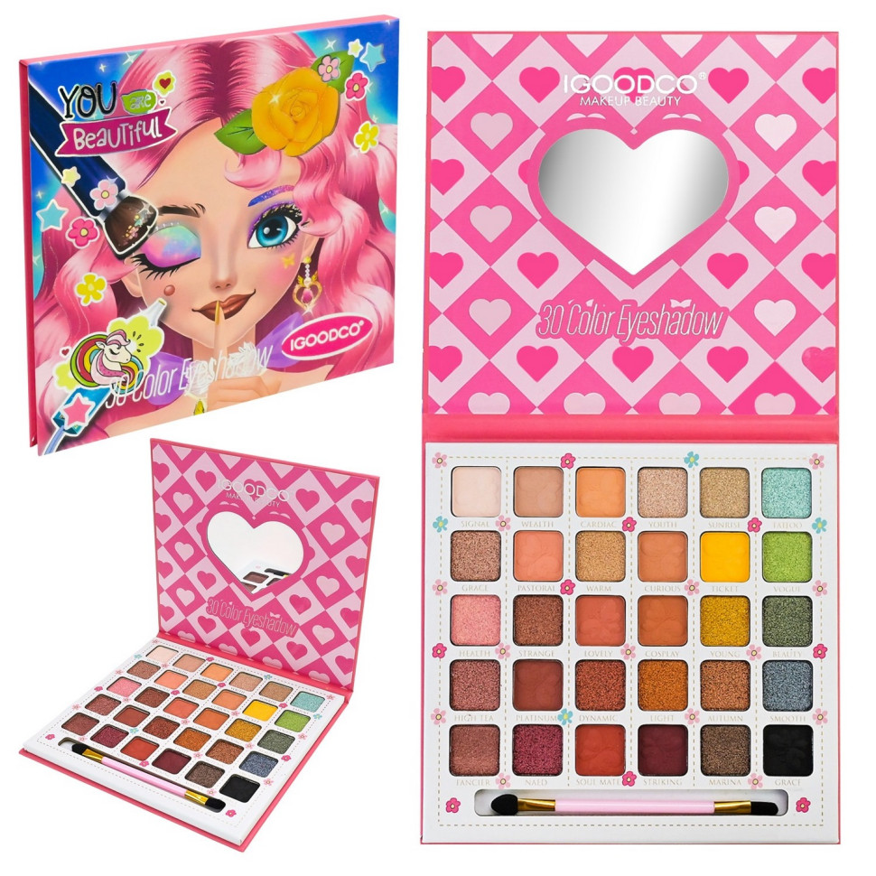 Детская палетка теней для век Igoodco IG3125, 30 цветов, с кисточкой